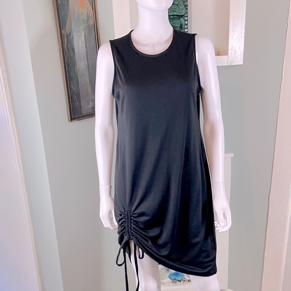 Emma & Michele Cinch Ruched Black Mini Dress Tank Top Side Tie M Sleeveless - Picture 2 of 10